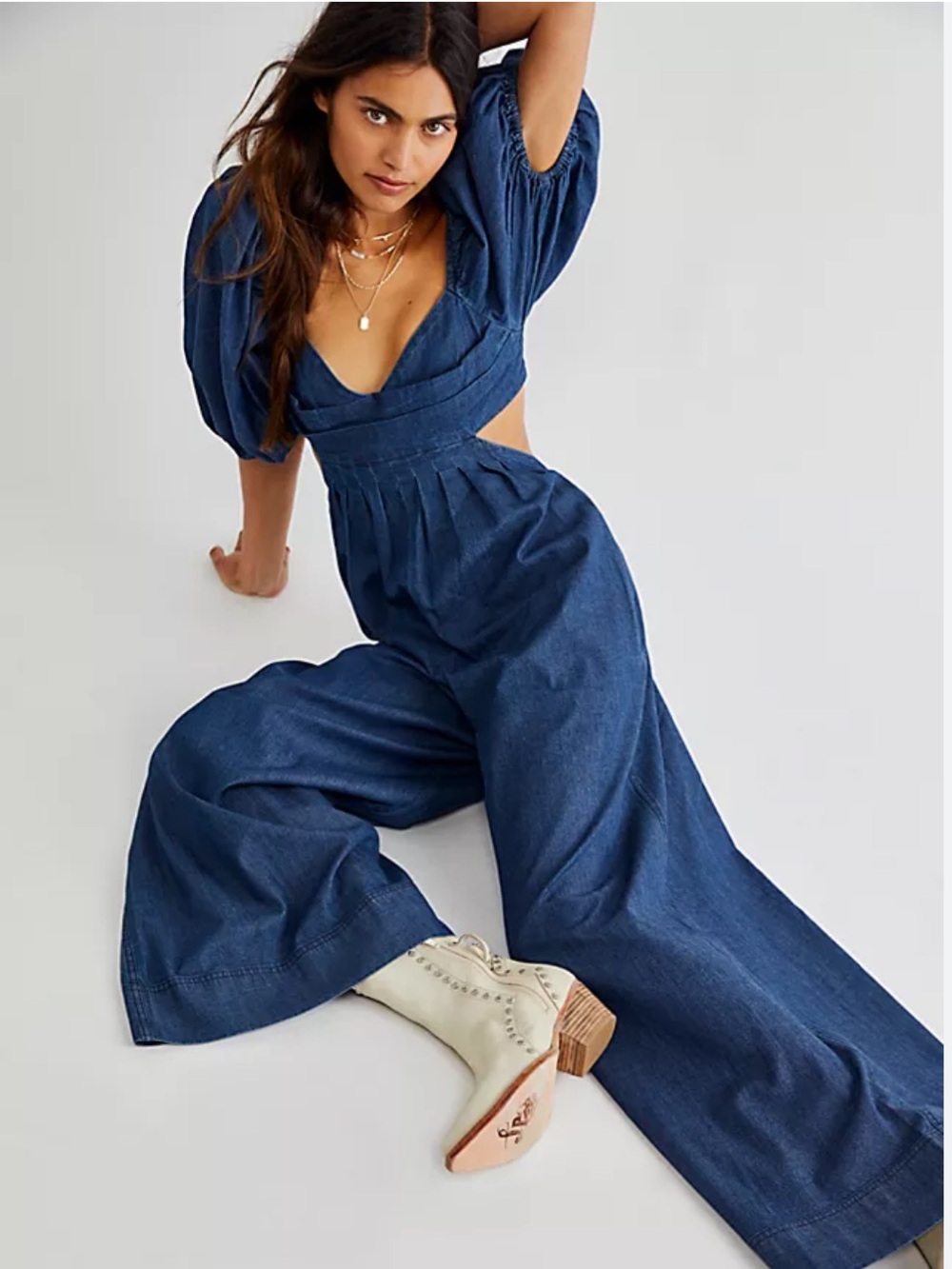 Free People Cotton Amy Denim Jumpsuit in Deep Blue denim size medium wide leg